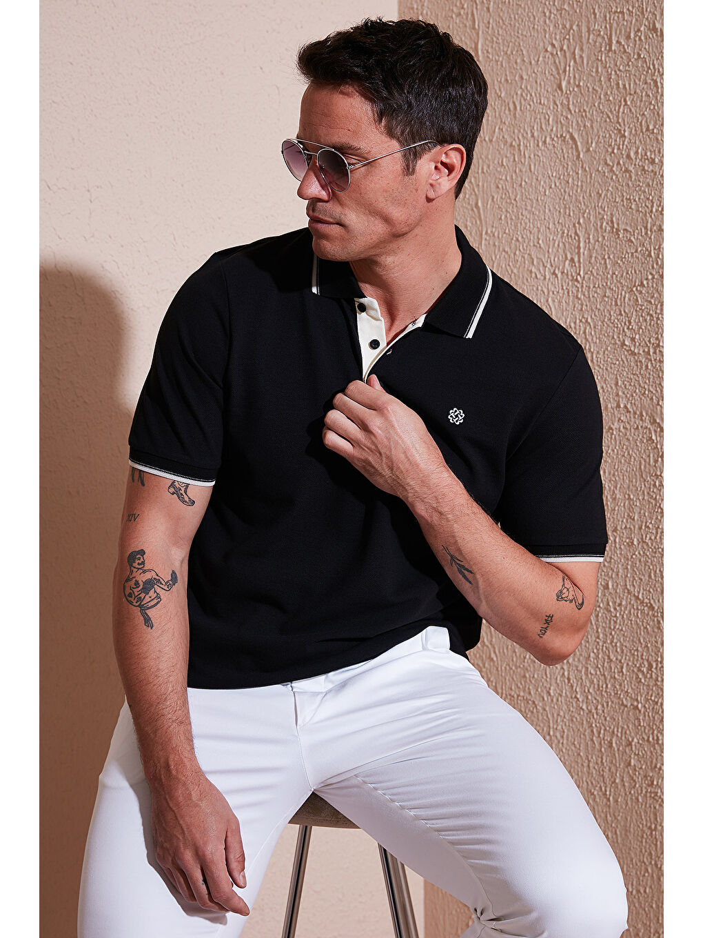 Siyah %100 Pamuk Düğmeli Slim Fit Erkek Polo Yaka Tişört 5902118-1