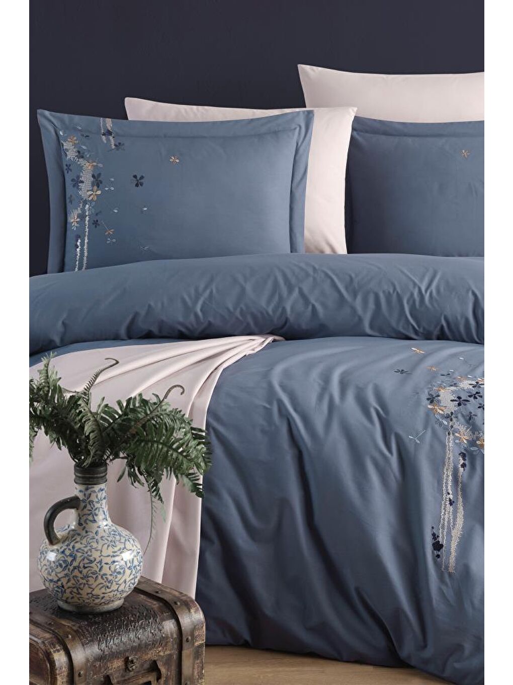 Lacivert Belis Nakışlı %100 Pamuk Çift Kişilik Nevresim Takımı İndigo