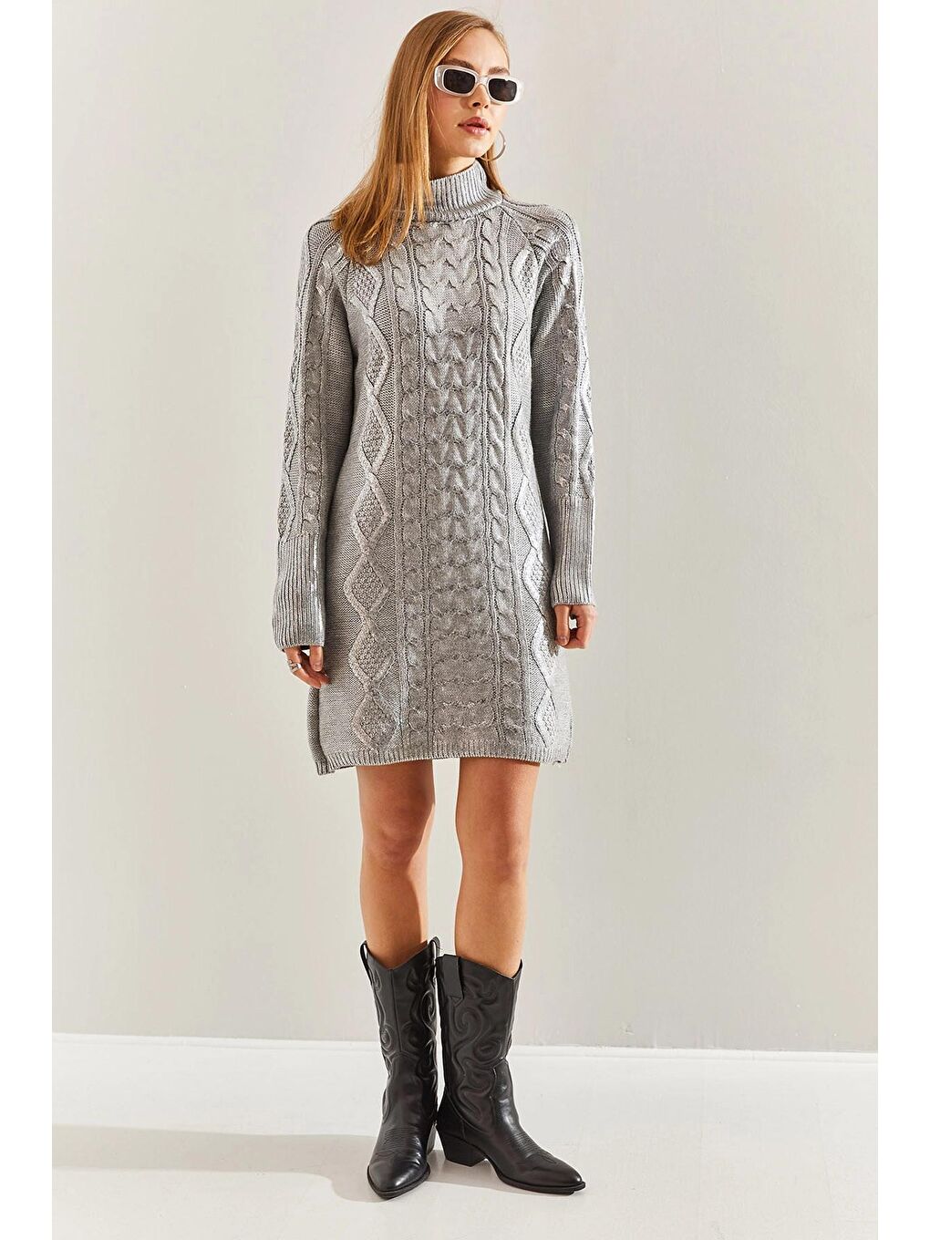 Gri Kadın Balıkçı Yaka Desenli Triko Elbise-3