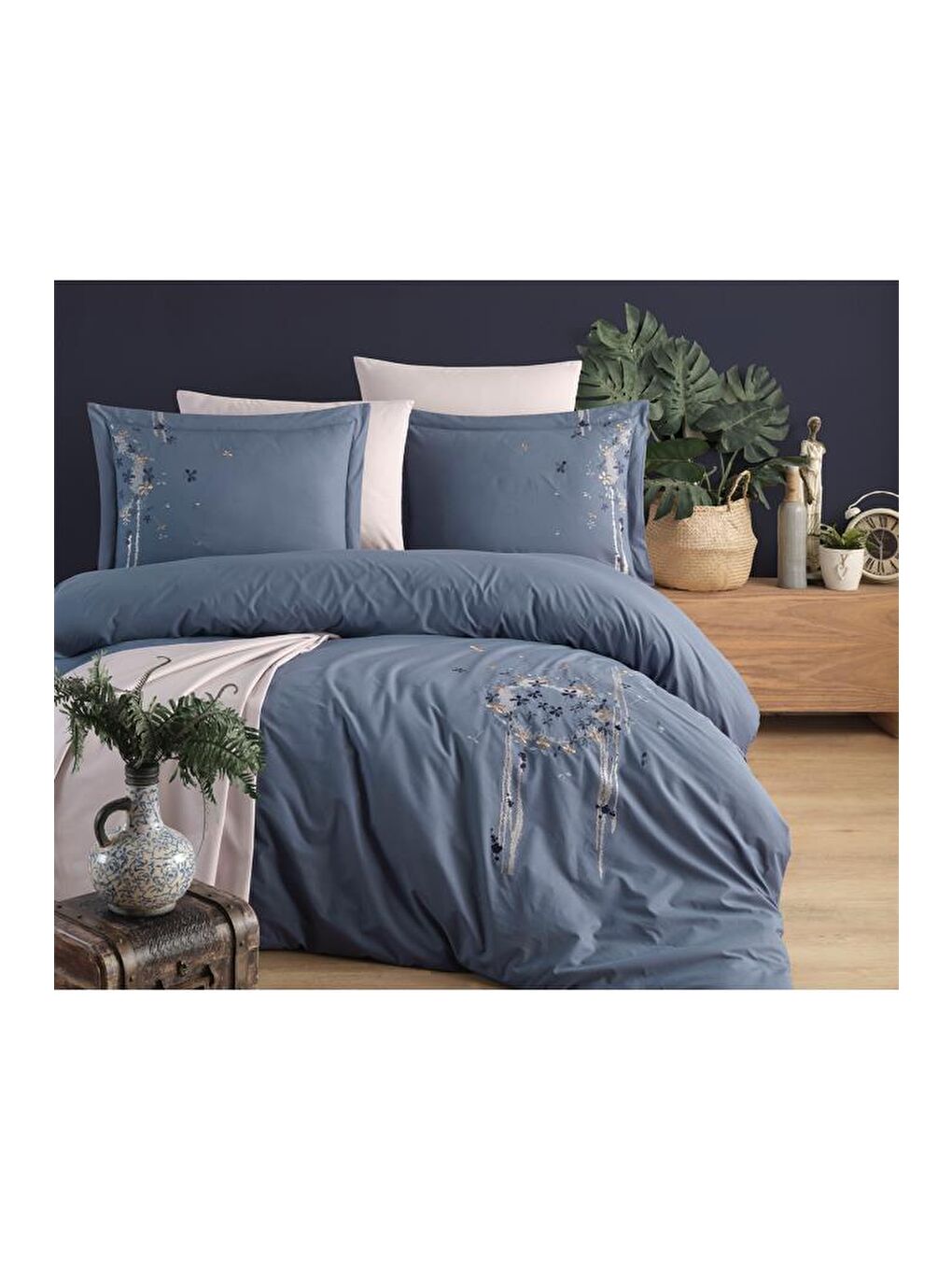 Lacivert Belis Nakışlı %100 Pamuk Çift Kişilik Nevresim Takımı İndigo-1