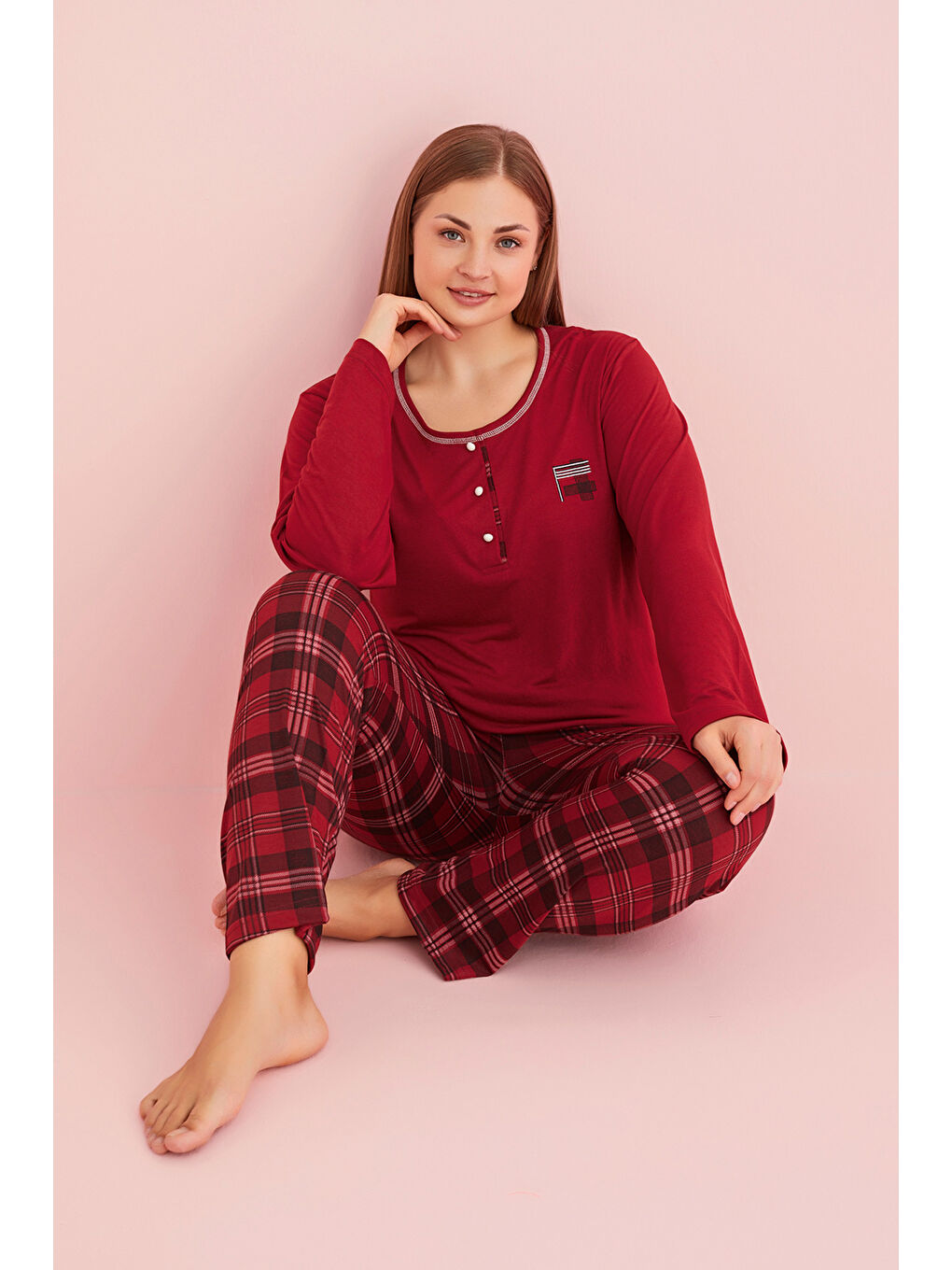 Bordo Büyük Beden Ekose Desenli Uzun Kollu Pijama Takımı