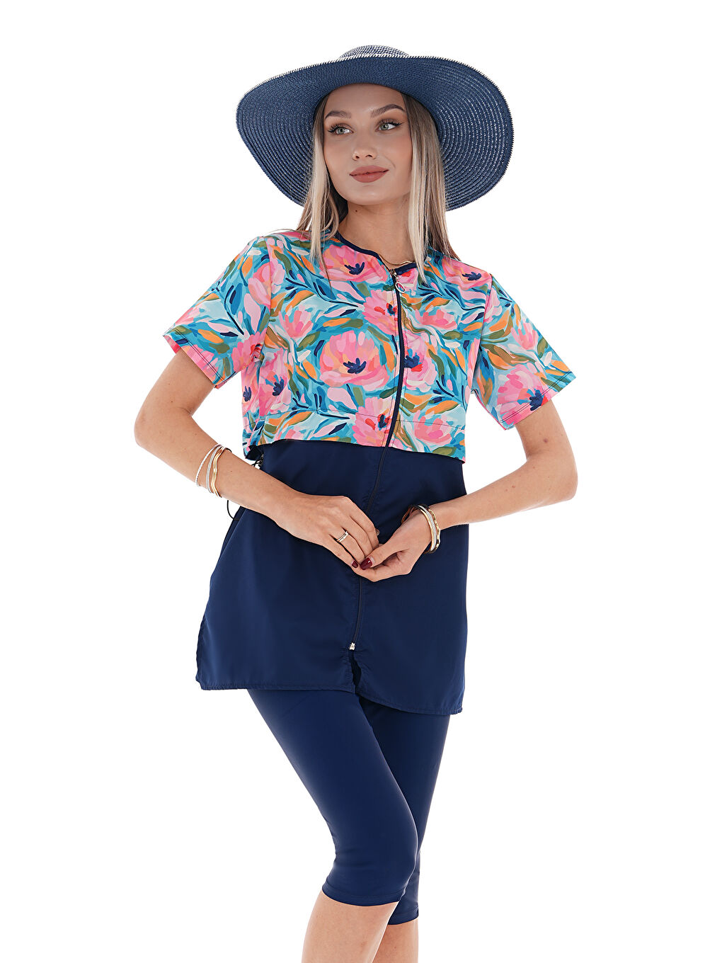 Pembe Yarı Kapalı Tesettür Mayo 2508 Suna Çiçek-1