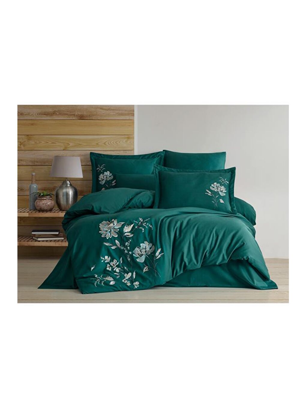 İmpero Nakışlı %100 Pamuk Saten Çift Kişilik Nevresim Takımı Yeşil-1