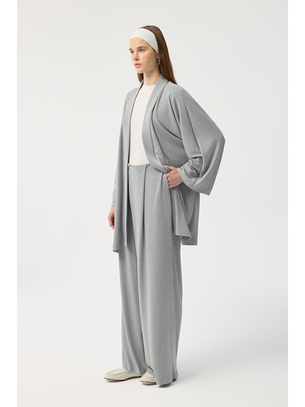 Modal Cupra Geniş Pileli Pantolon Midi Abaya Takım Gri Melanj