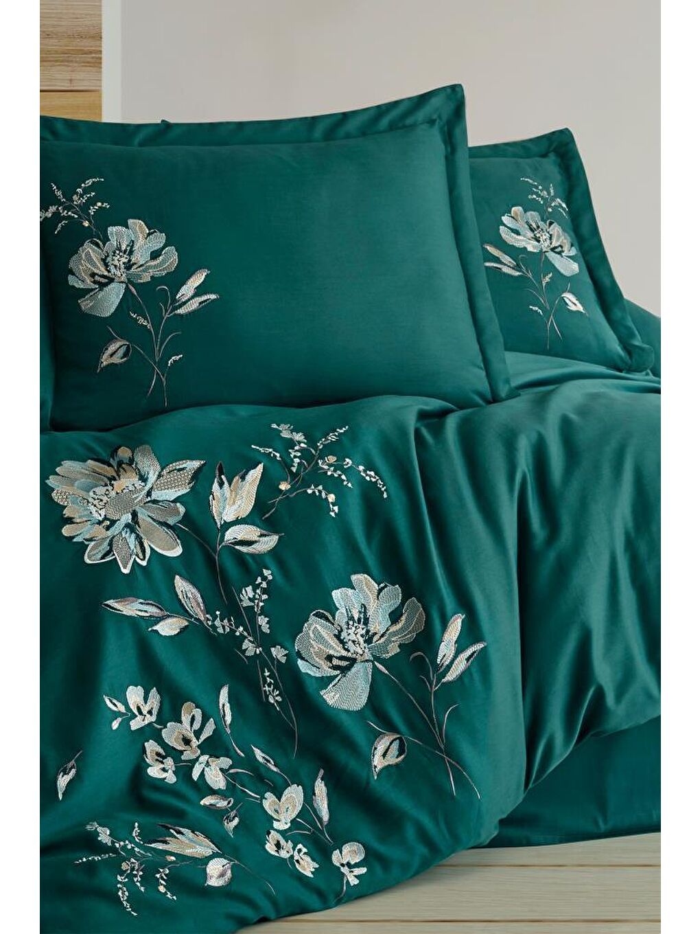 İmpero Nakışlı %100 Pamuk Saten Çift Kişilik Nevresim Takımı Yeşil-2
