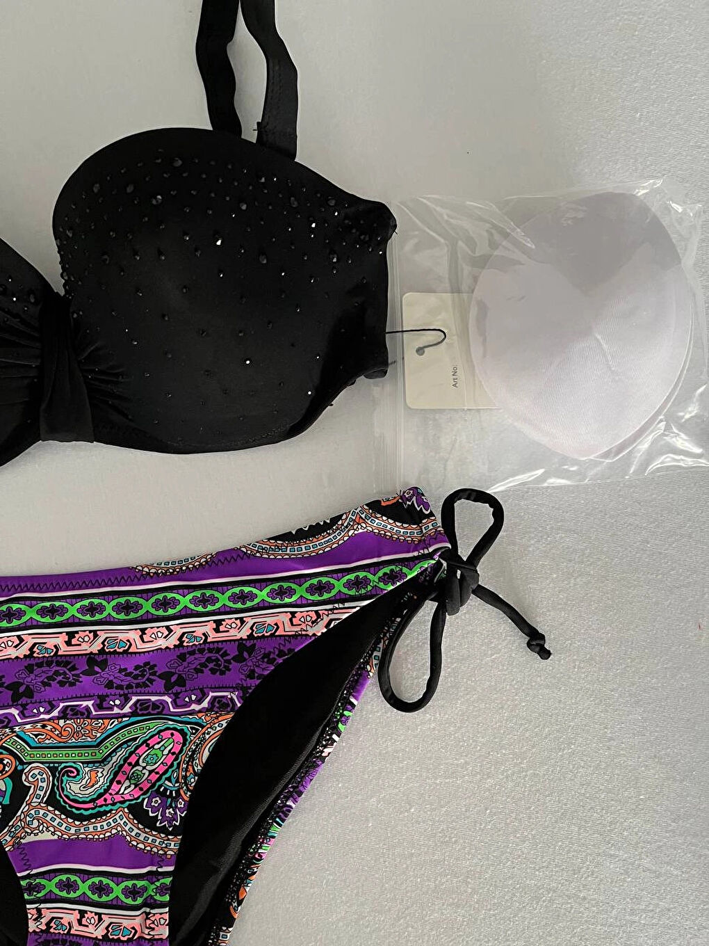 Kadın Siyah Taş İşlemeli Desenli 3 Parça Etekli Bikini Takım HZL25S-LC3326-3