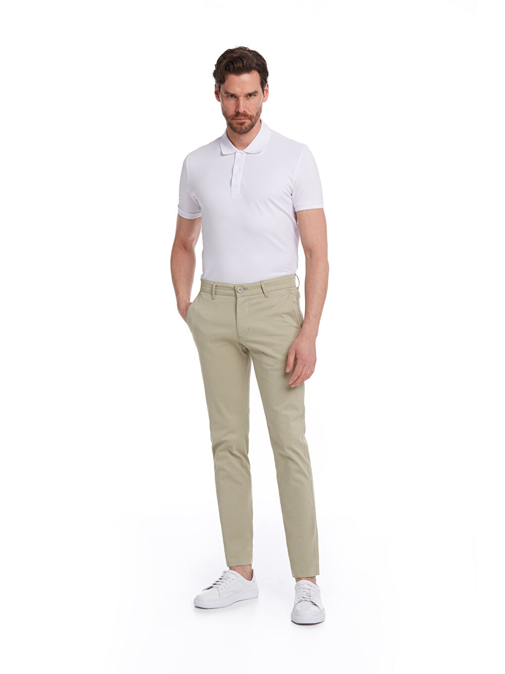 Yeşil Krem Dinamik Fit Düz Pamuklu Yandan Cep Kanvas Pantolon