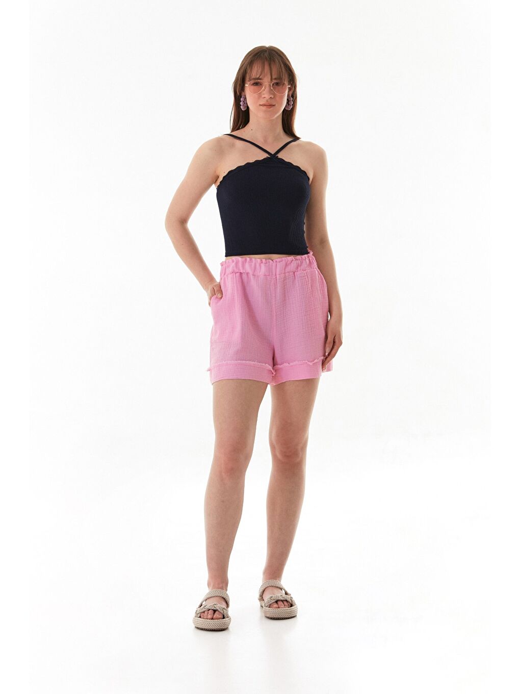 Pembe Beli Lastikli Cepli Müslin Şort-1