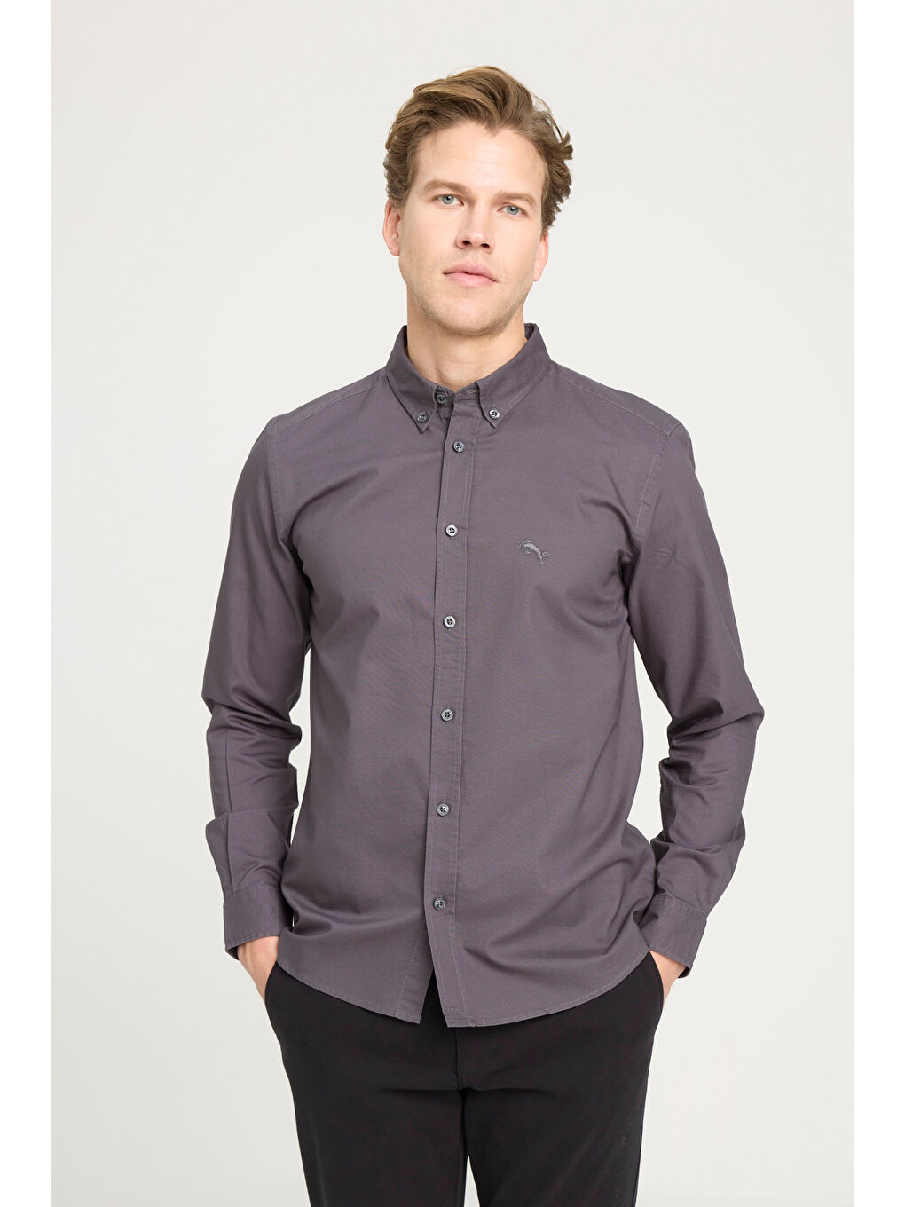 Regular Fit Normal Kesim %100 Pamuk Antrasit Gömlek-1