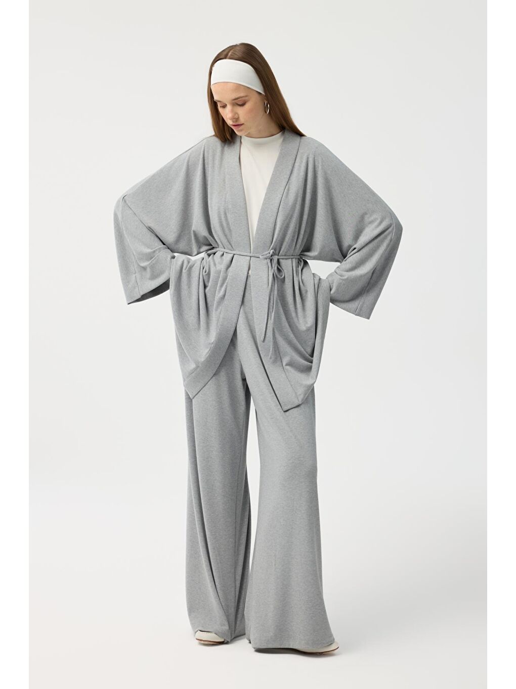 Modal Cupra Geniş Pileli Pantolon Midi Abaya Takım Gri Melanj-1