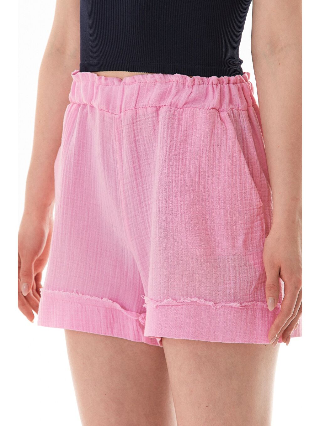 Pembe Beli Lastikli Cepli Müslin Şort-4
