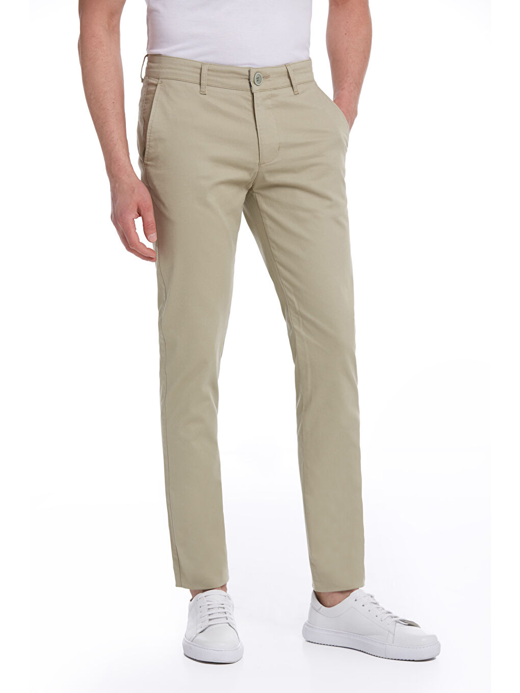 Yeşil Krem Dinamik Fit Düz Pamuklu Yandan Cep Kanvas Pantolon-2