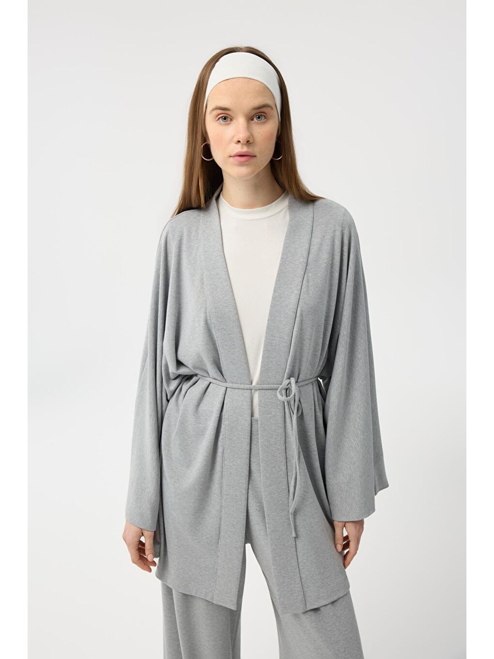 Modal Cupra Geniş Pileli Pantolon Midi Abaya Takım Gri Melanj-2