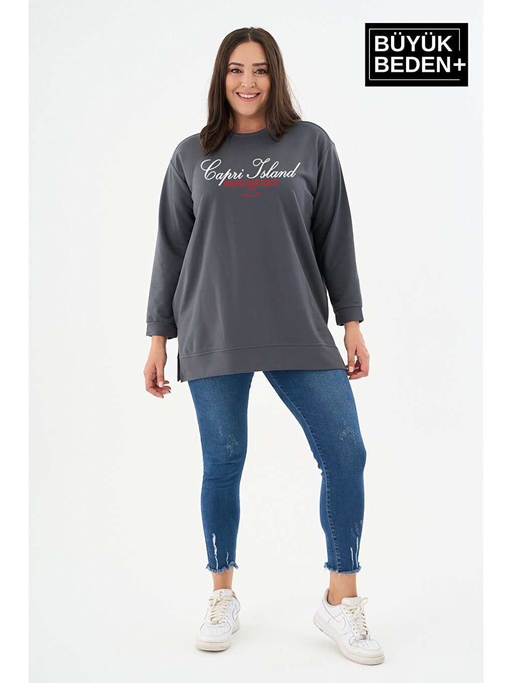 Gri Kadın Tunik Büyük Beden Capri Island Baskılı ince Sweatshırt SPR26BTK990-1