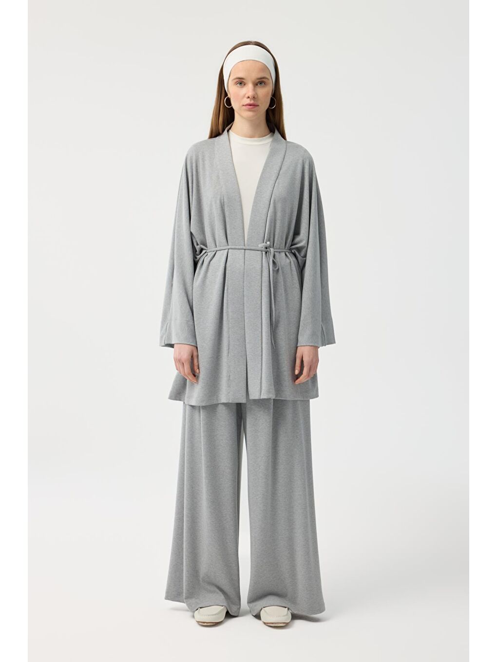 Modal Cupra Geniş Pileli Pantolon Midi Abaya Takım Gri Melanj-3