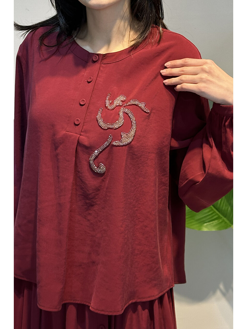 Kristal işlemeli Etekli Modal Takım 918 Bordo-2