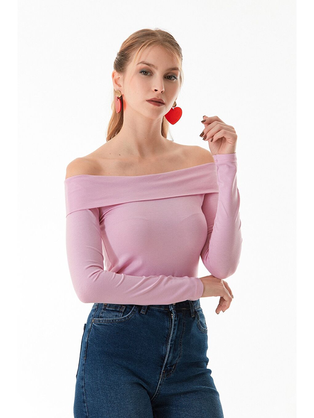 Pembe Basic Madonna Yaka Bluz-4