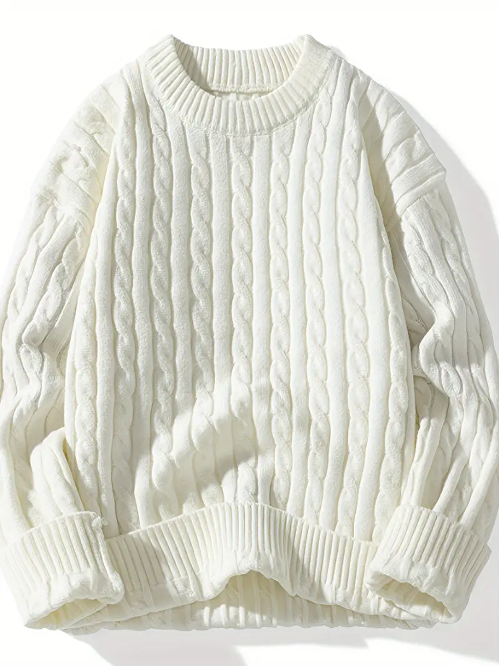 Beyaz Erkek Regular Fit Örgülü Bisiklet Yaka Triko Kazak