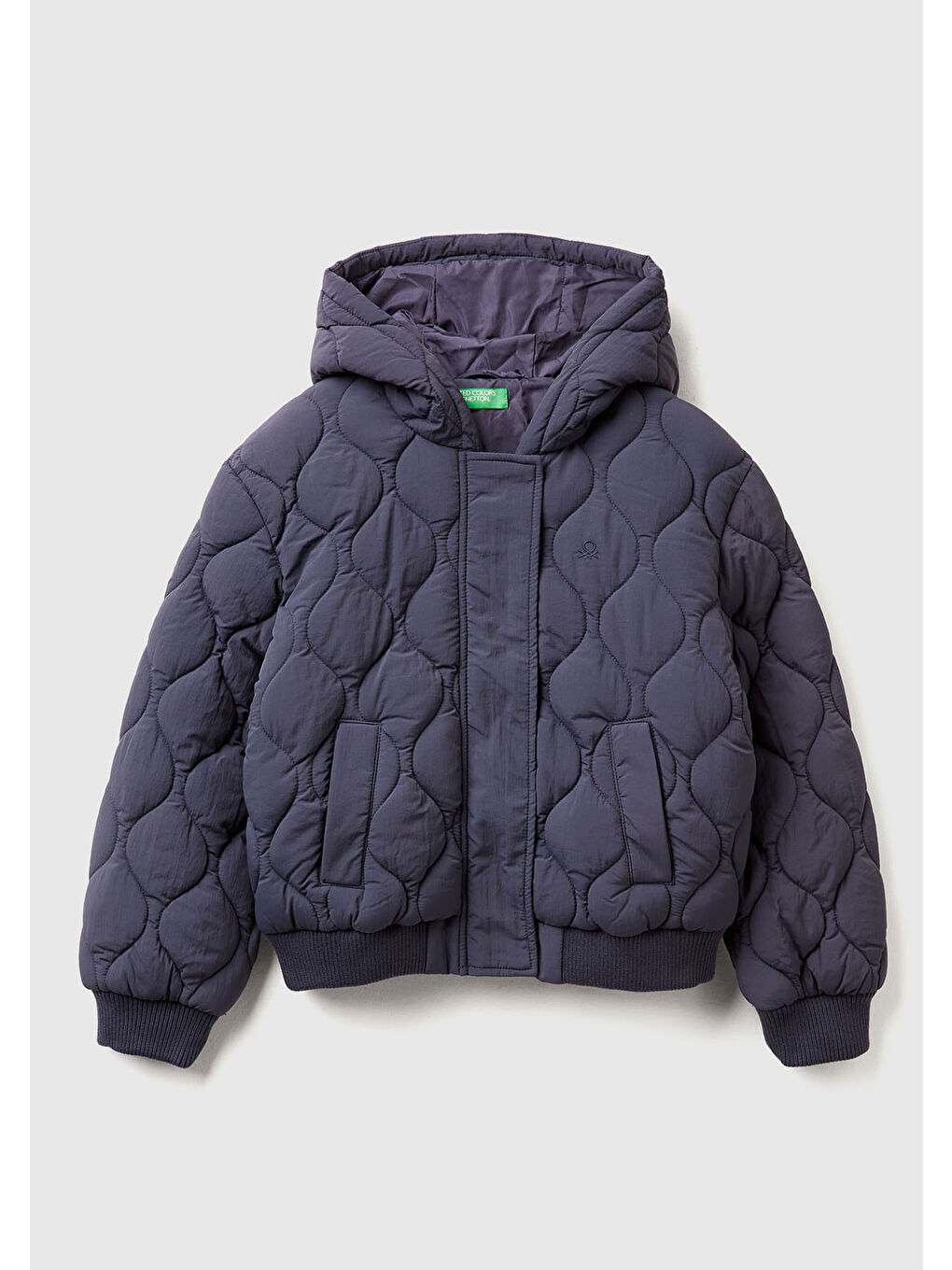 Kız Çocuk Koyu Gri Logo İşlemeli Kapitone Fermuarlı Nervürlü Kapüşonlu Ceket