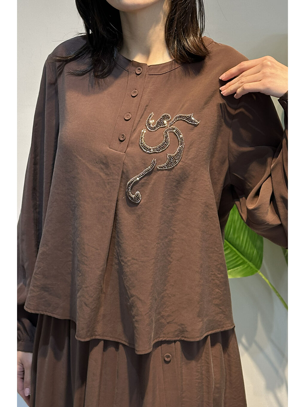 Kristal işlemeli Etekli Modal Takım 918 Kahverengi-2