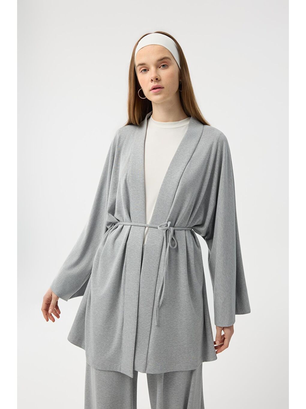 Modal Cupra Geniş Pileli Pantolon Midi Abaya Takım Gri Melanj-4