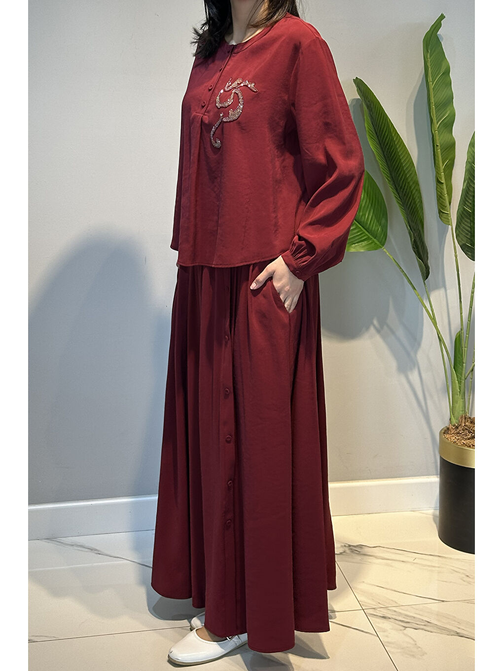 Kristal işlemeli Etekli Modal Takım 918 Bordo-3