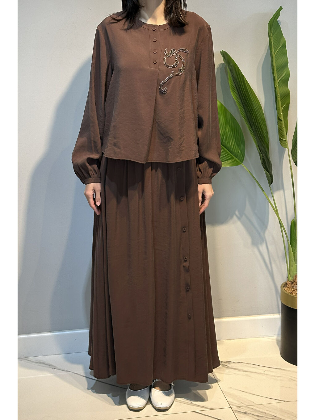 Kristal işlemeli Etekli Modal Takım 918 Kahverengi-3