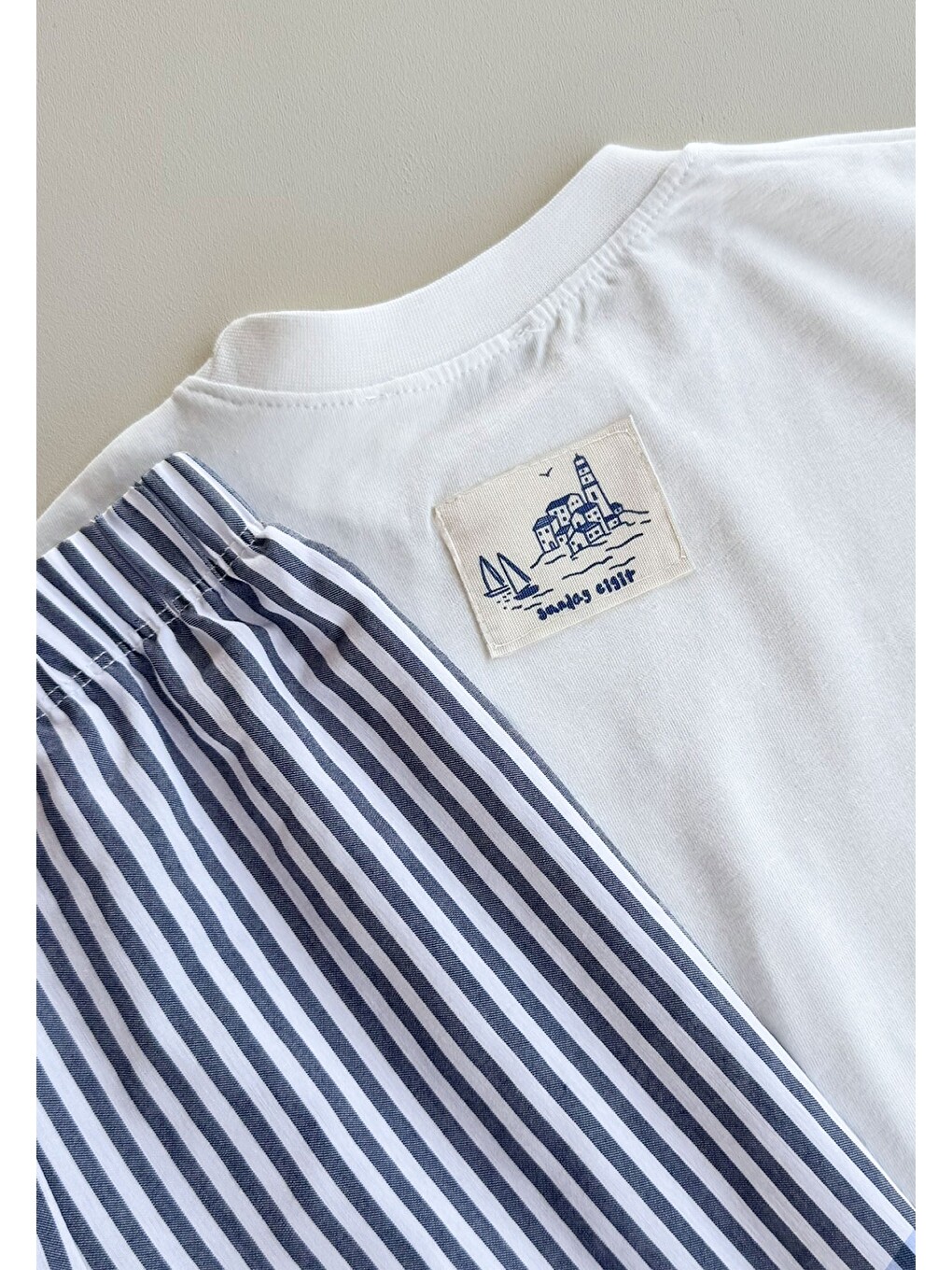 Oversize T-shirt Takım 2-10 Yaş Kırık Beyaz Lacivert Çizgili-1