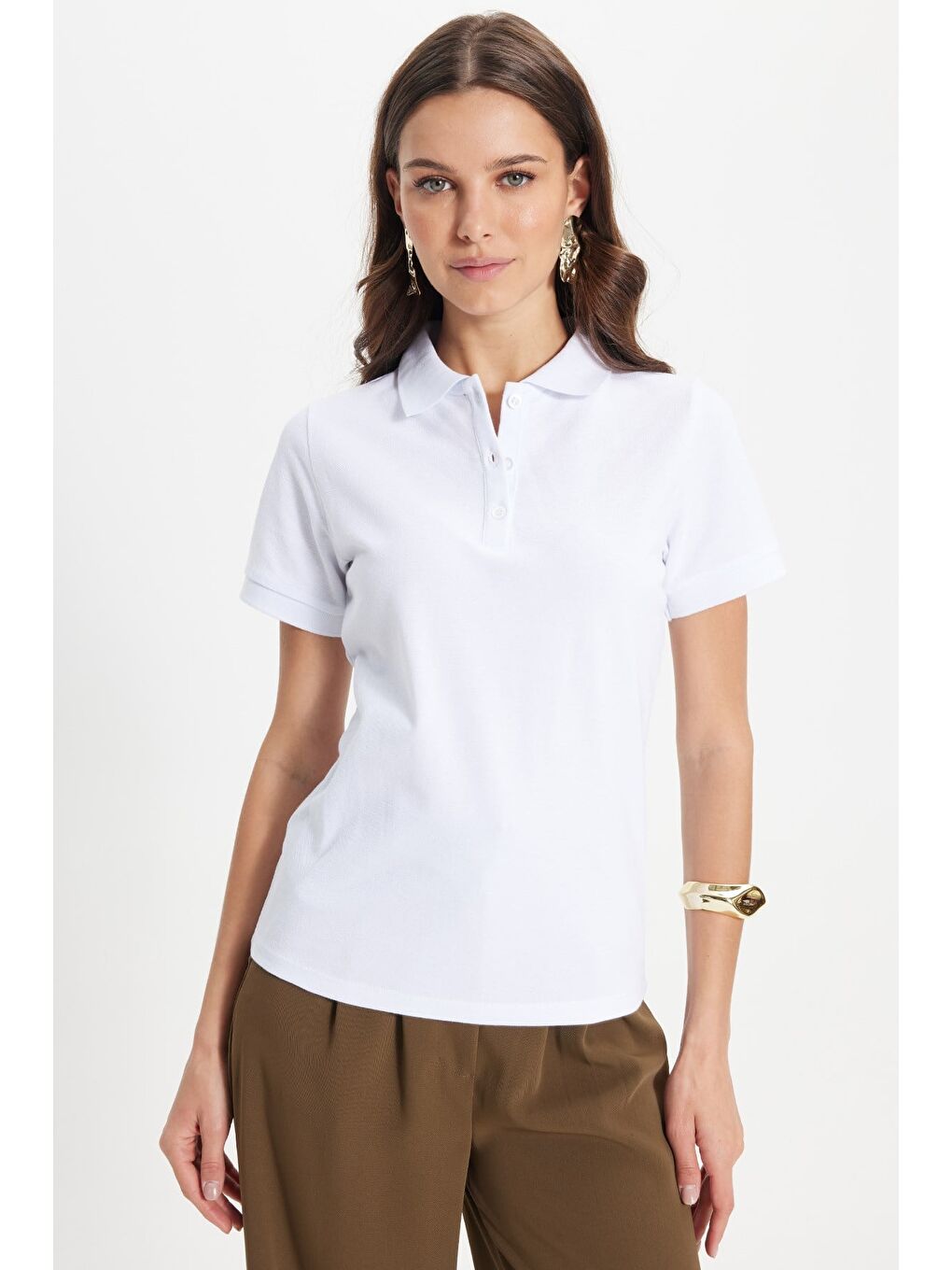 Kadın Slim Fit Dar Kesim %100 Pamuk Polo Yaka Beyaz Pike Tişört