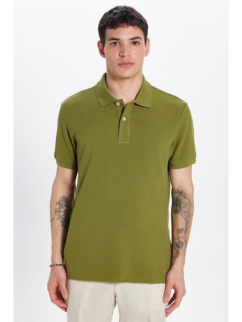 TUDORS Erkek Slim Fit Dar Kesim %100 Pamuk Haki Polo Yaka Tişört