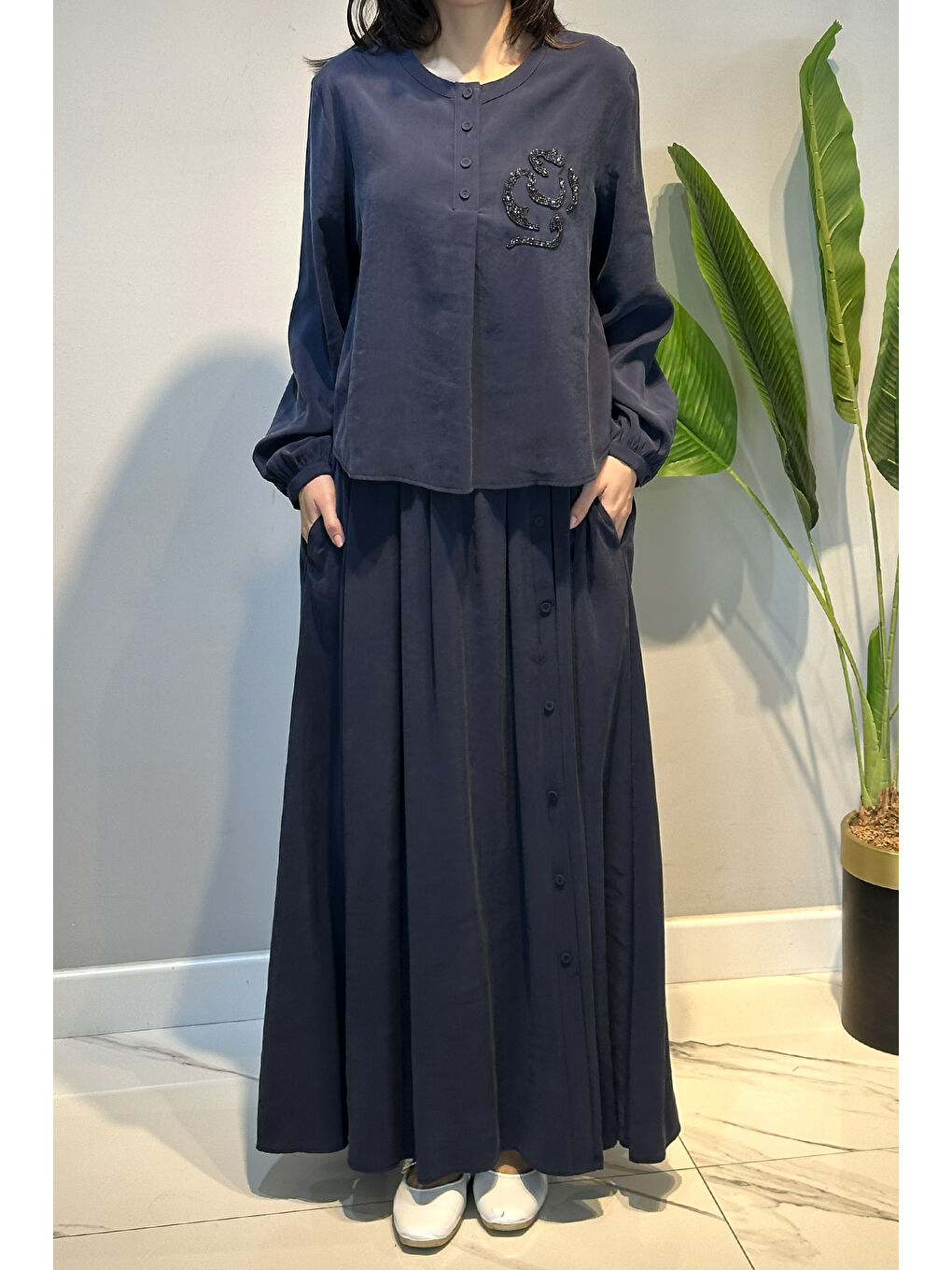 Kristal işlemeli Etekli Modal Takım 918 Lacivert-1