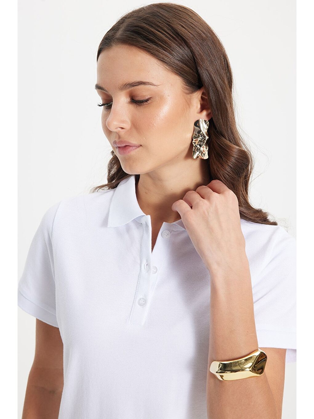 Kadın Slim Fit Dar Kesim %100 Pamuk Polo Yaka Beyaz Pike Tişört-1