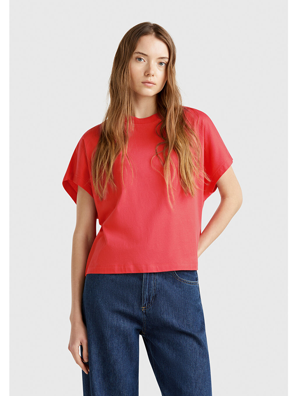 Kadın Mercan %100 Pamuk Kimono Kollu Bisiklet Yaka T-Shirt