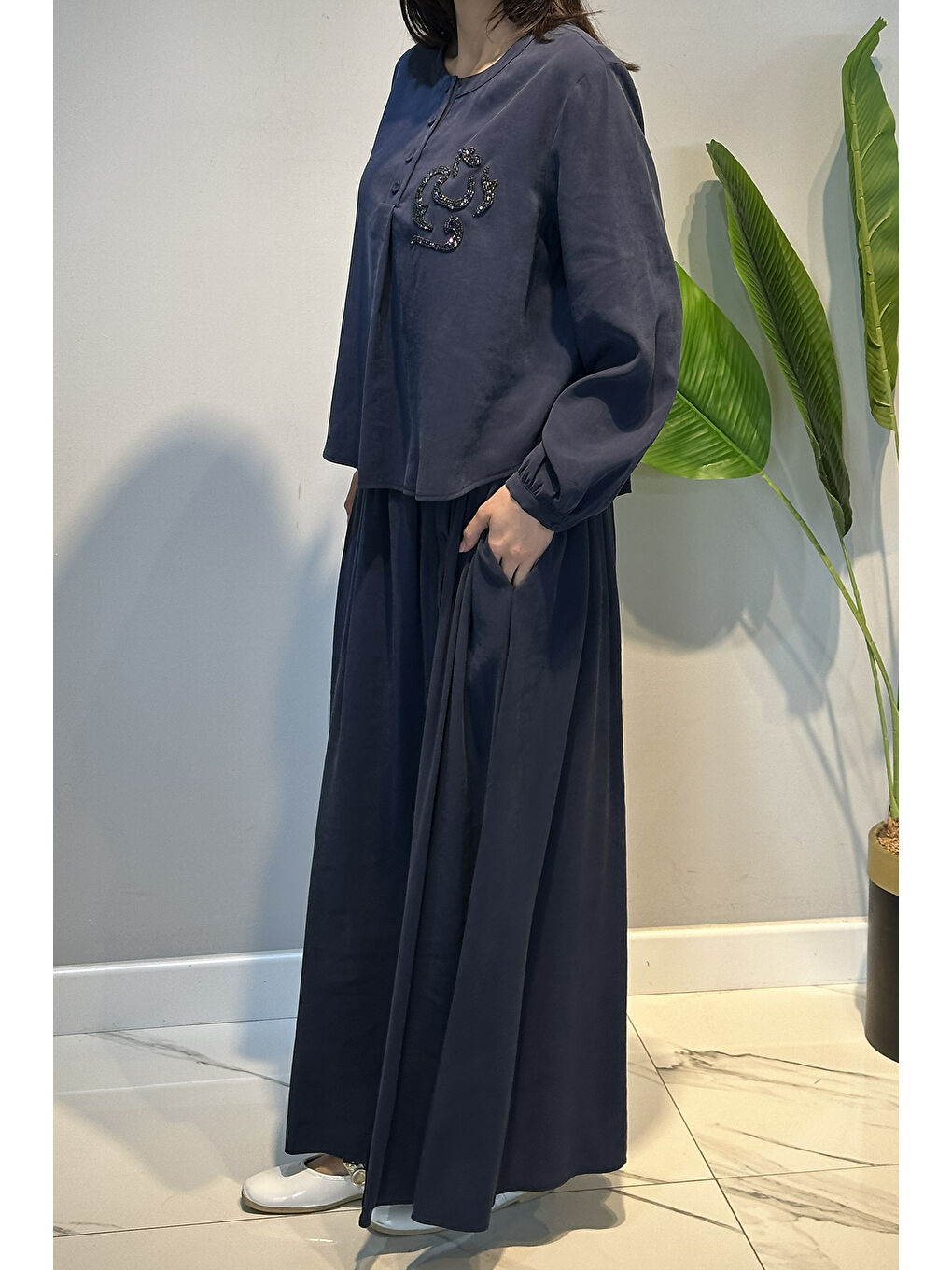 Kristal işlemeli Etekli Modal Takım 918 Lacivert-2