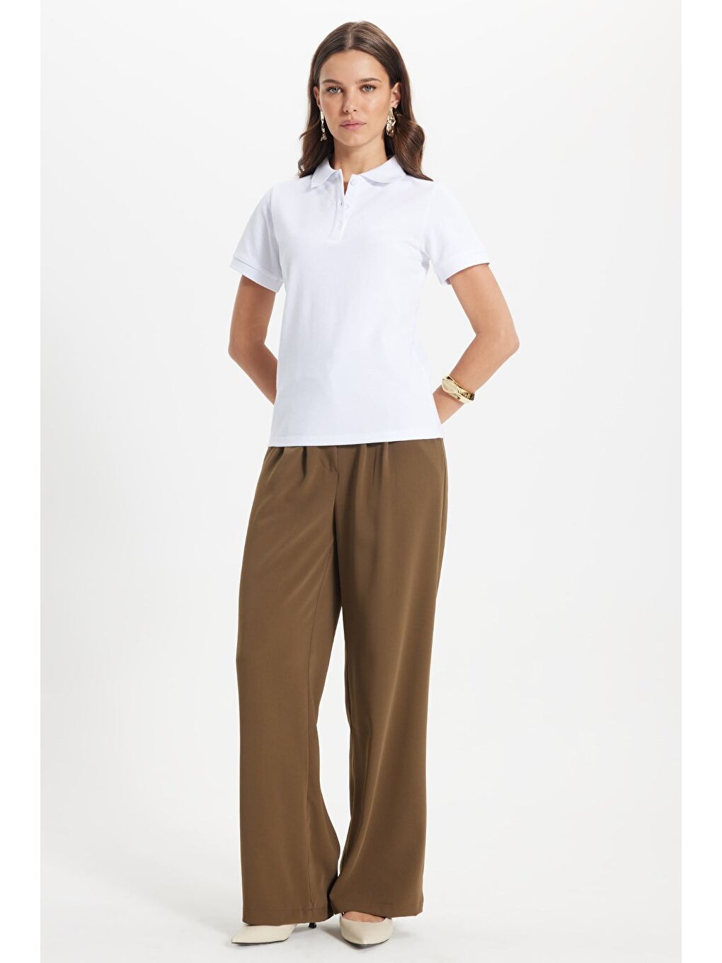 Kadın Slim Fit Dar Kesim %100 Pamuk Polo Yaka Beyaz Pike Tişört-2
