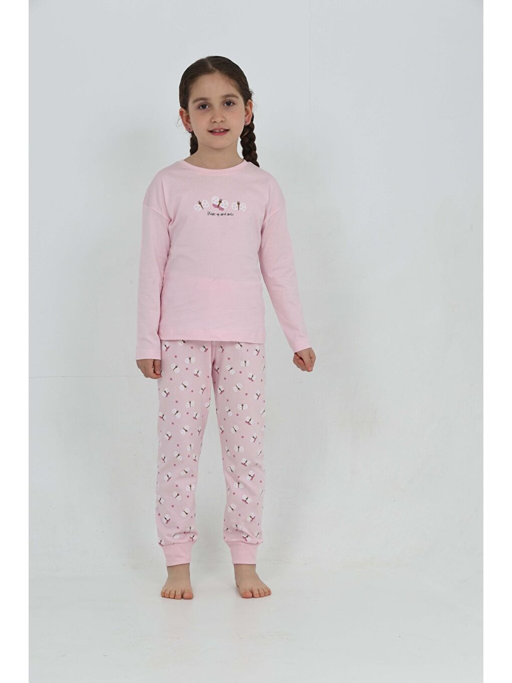 Pembe Kız Çocuk Kelebek Baskılı Pijama Takım