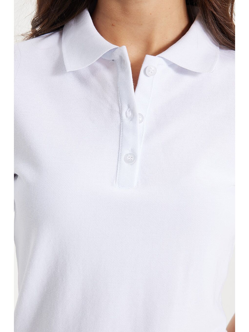 Kadın Slim Fit Dar Kesim %100 Pamuk Polo Yaka Beyaz Pike Tişört-3