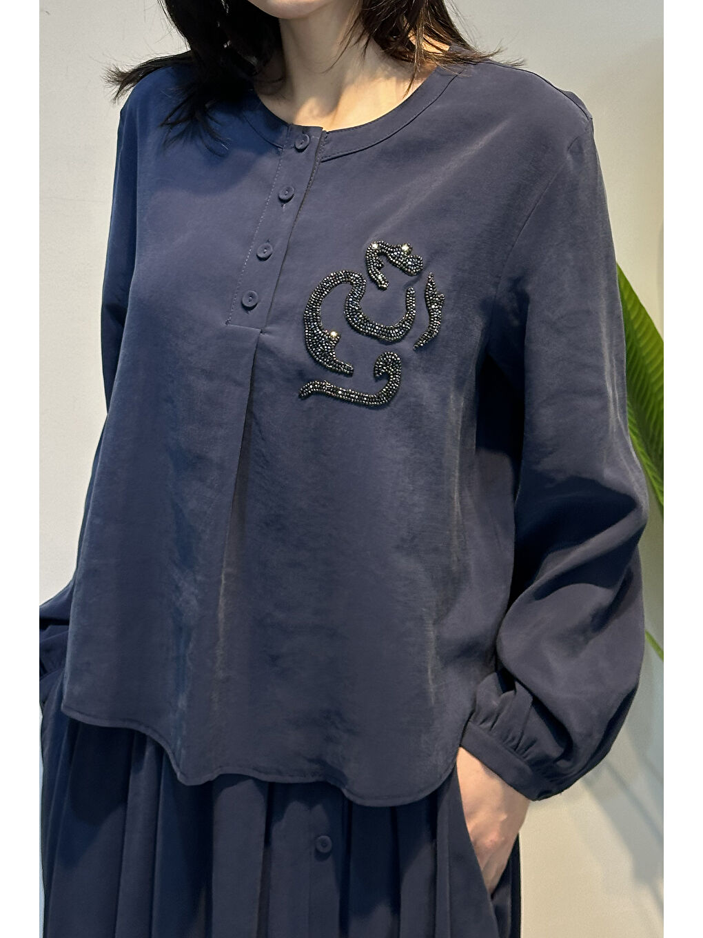 Kristal işlemeli Etekli Modal Takım 918 Lacivert-3