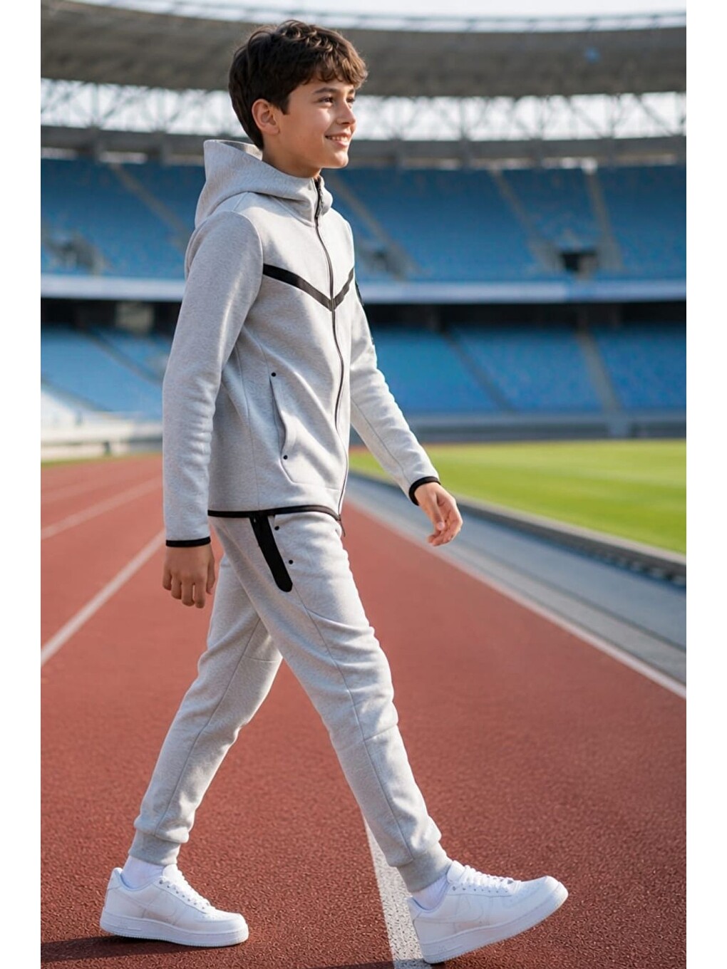 Gri Erkek Çocuk Tech Fleece Double Face Yeni Sezon Eşofman Takımı Esf7020-1