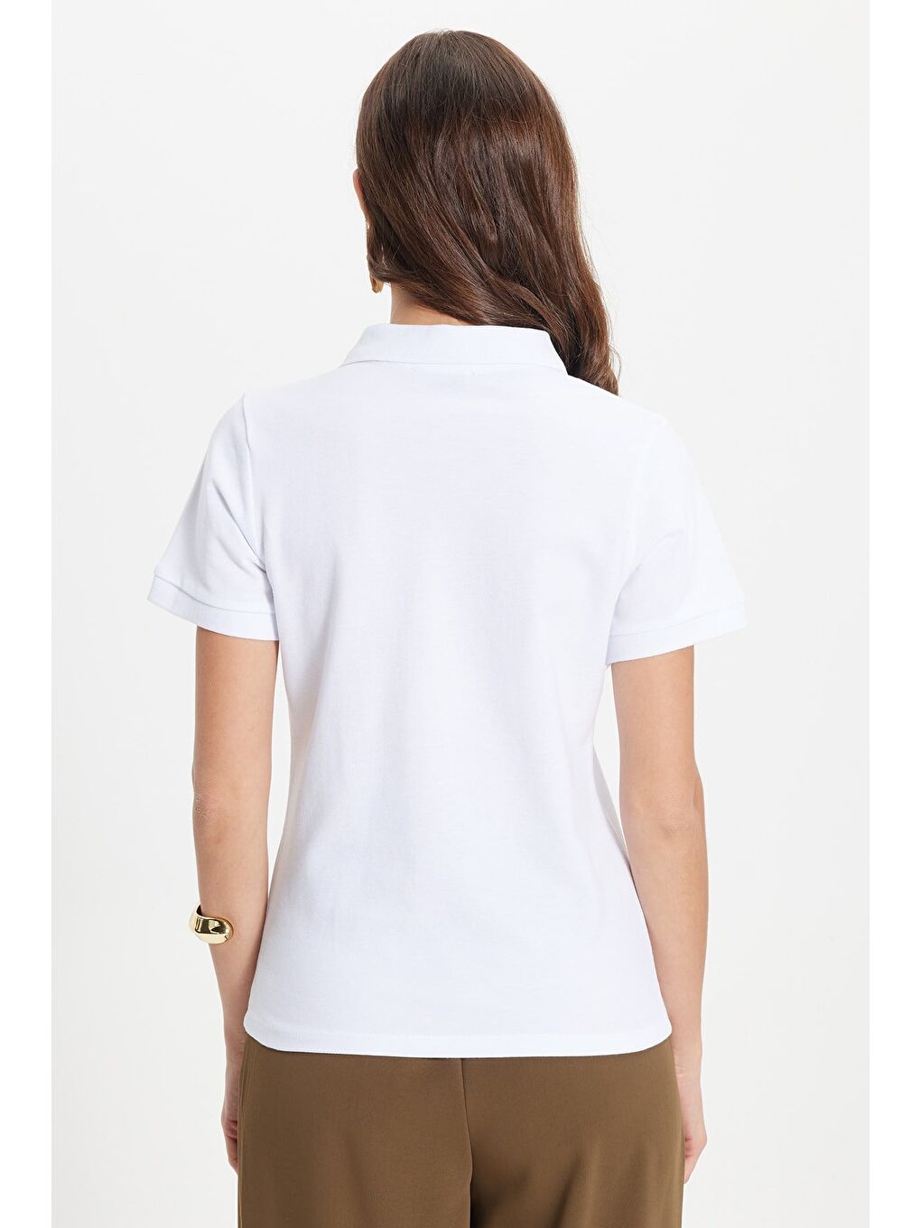 Kadın Slim Fit Dar Kesim %100 Pamuk Polo Yaka Beyaz Pike Tişört-5
