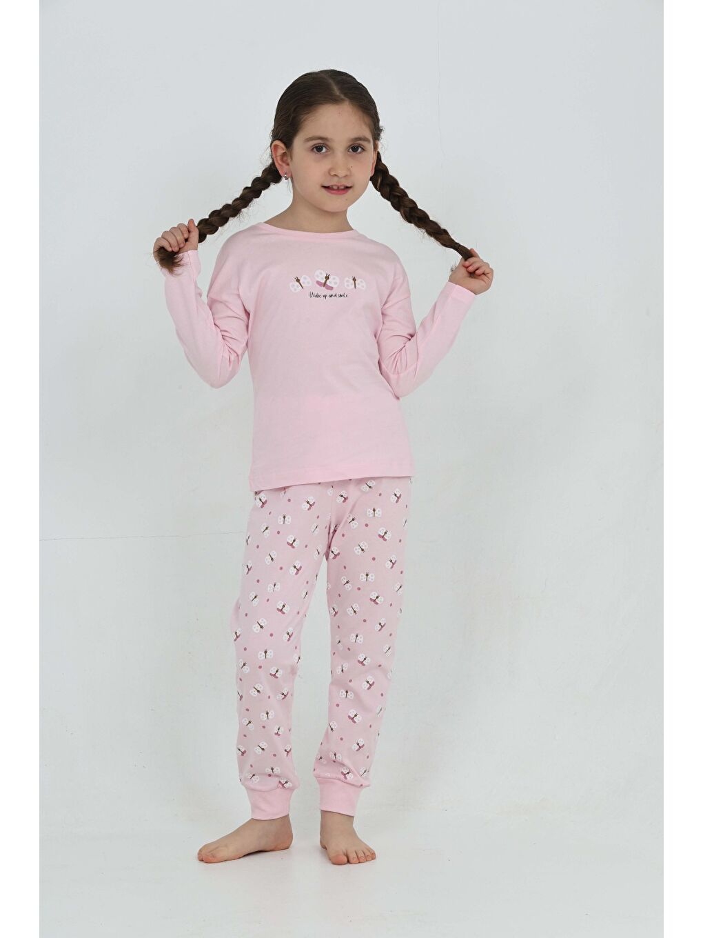 Pembe Kız Çocuk Kelebek Baskılı Pijama Takım-2