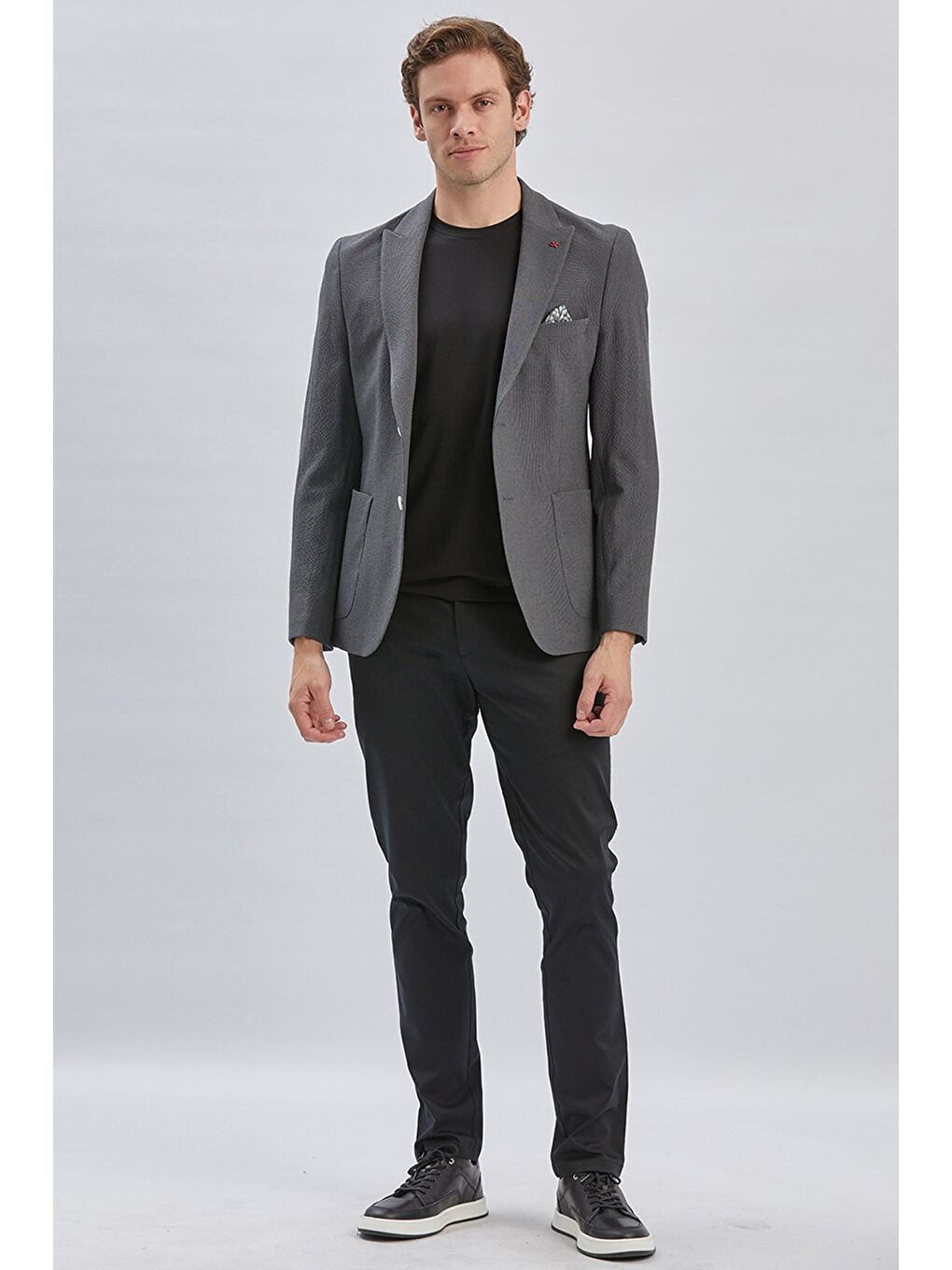 Koyu Antrasit Desenli Kırlangıç Yaka Elastanlı 6 Drop Slim Fit Dar Kesim Casual Ceket 1002240155-1