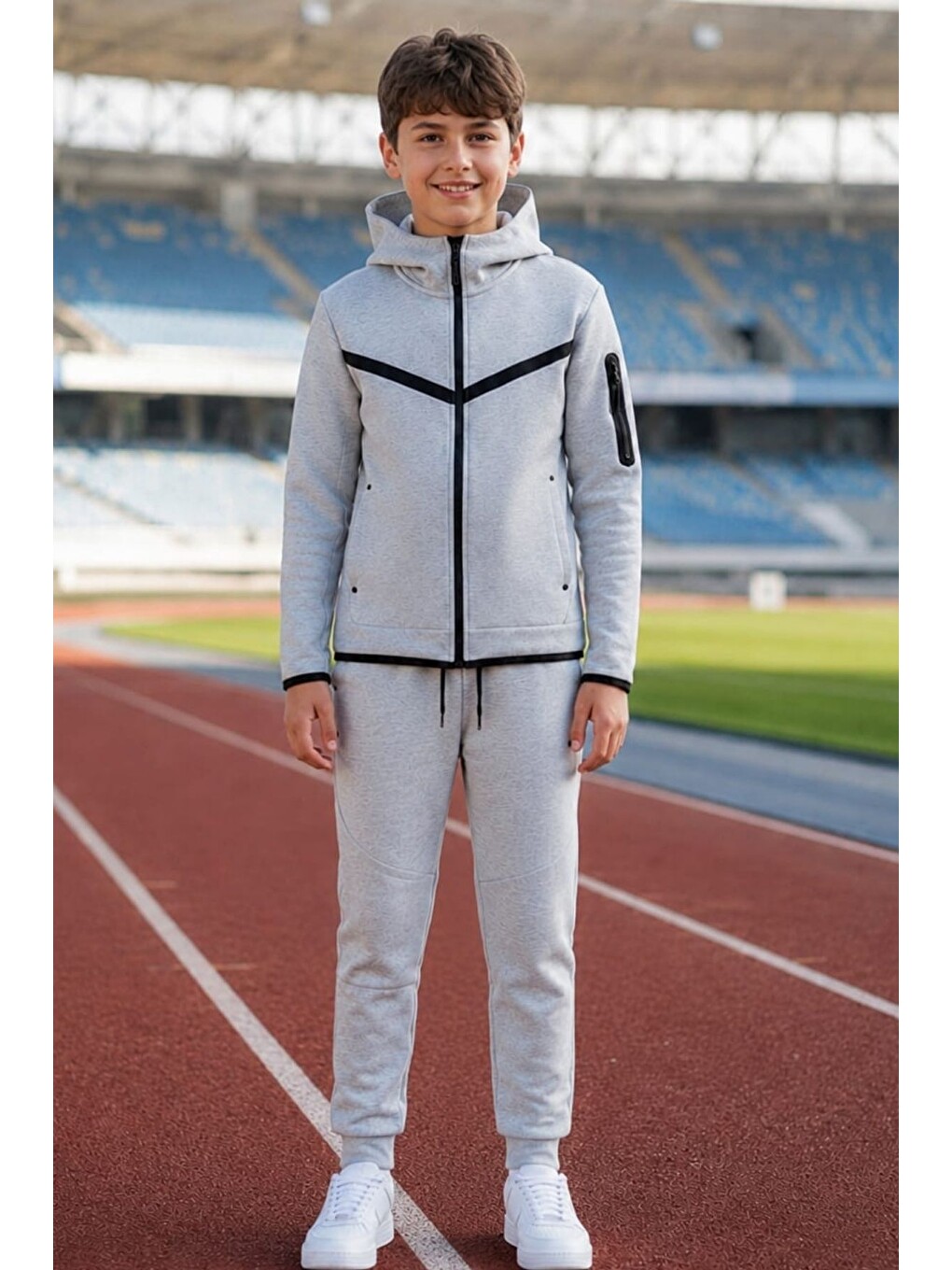Gri Erkek Çocuk Tech Fleece Double Face Yeni Sezon Eşofman Takımı Esf7020-3