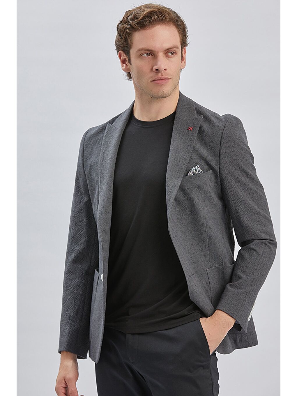 Koyu Antrasit Desenli Kırlangıç Yaka Elastanlı 6 Drop Slim Fit Dar Kesim Casual Ceket 1002240155-2