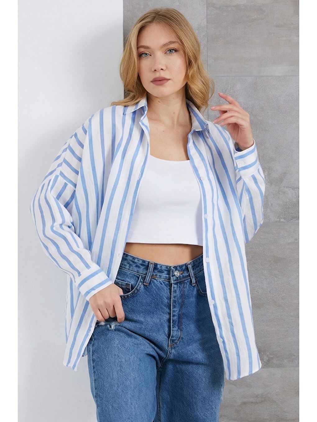 Mavi Çizgili Oversize Gömlek-1