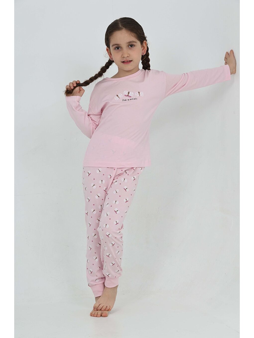 Pembe Kız Çocuk Kelebek Baskılı Pijama Takım-3