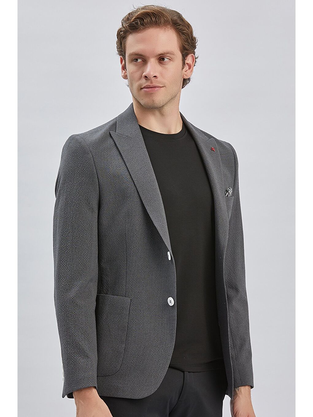 Koyu Antrasit Desenli Kırlangıç Yaka Elastanlı 6 Drop Slim Fit Dar Kesim Casual Ceket 1002240155-3