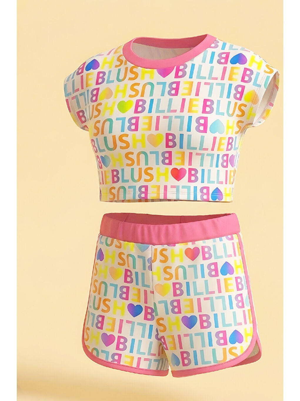 Karışık Kız Çocuk Mayo Takımı-Kısa Kollu Yazı Baskılı ve Şortlu 5-14 Yaş 12625B-2