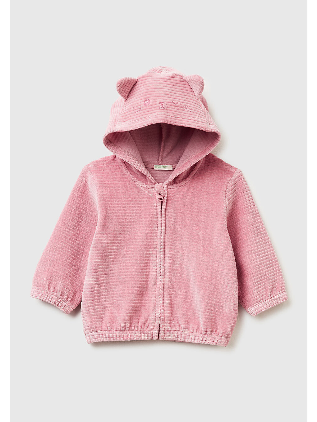 Pembe Bebek Gül Kurusu Nervür Desenli İşlemeli Kulaklı Kapüşonlu Sweatshirt