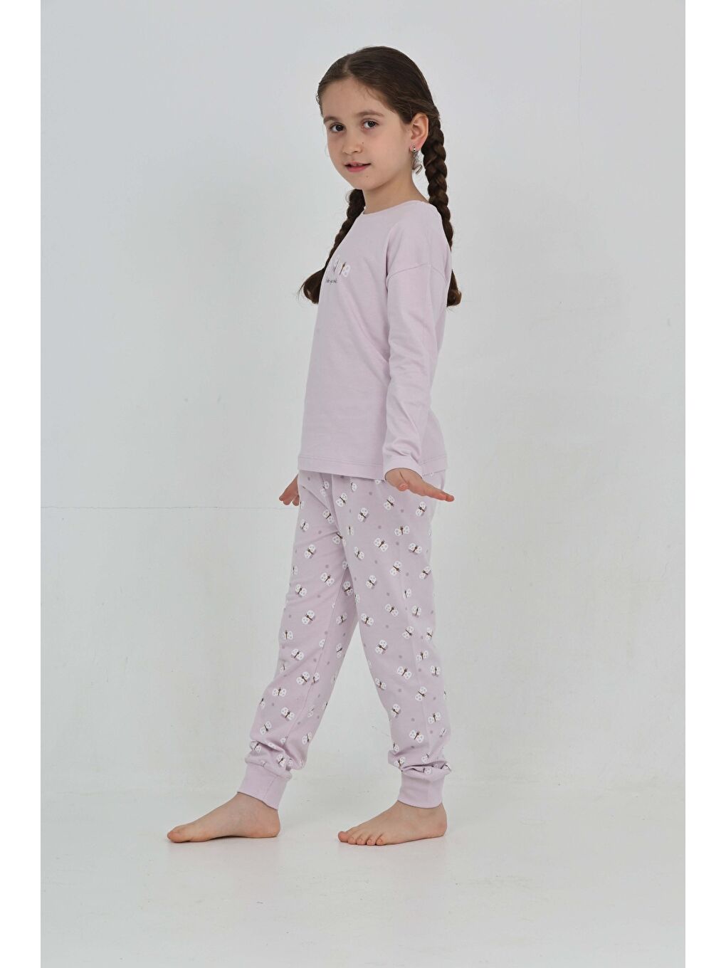 Lila Kız Çocuk Kelebek Baskılı Pijama Takım-1